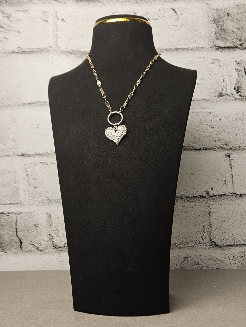 Gold Tone Heart Charm Necklace Crystal Pave Pendant Chunky Chain
